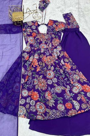 Violet Floral Printed Chanderi Palazzo Suit Set