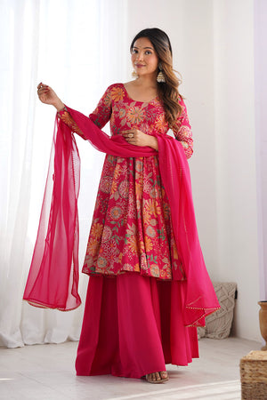 Dark Pink Floral Printed Chanderi Sharara Suit Set