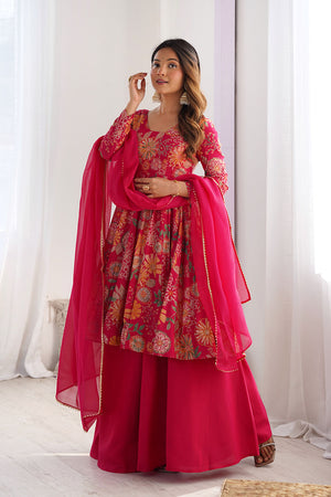 Dark Pink Floral Printed Chanderi Sharara Suit Set