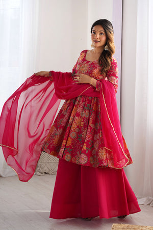 Dark Pink Floral Printed Chanderi Sharara Suit Set