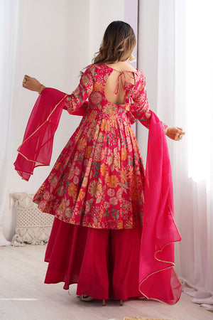 Dark Pink Floral Printed Chanderi Sharara Suit Set