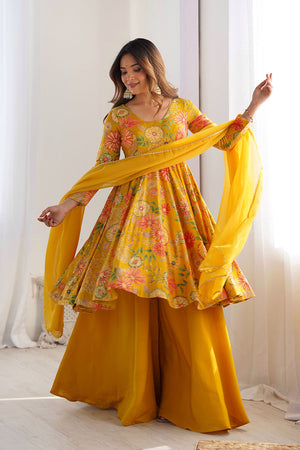 Yellow Floral Printed Chanderi Sharara Suit Set