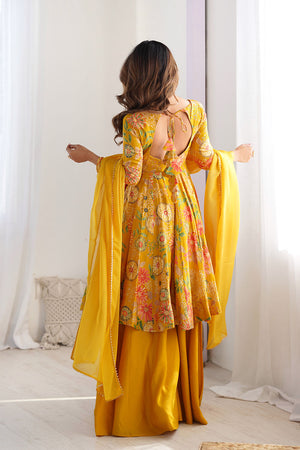Yellow Floral Printed Chanderi Sharara Suit Set