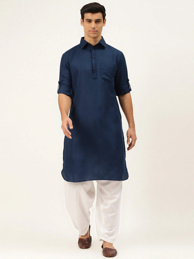 Men's Navy Blue Cotton Solid Pathani Set - 58