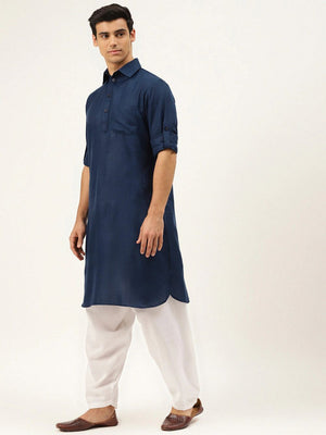 Men's Navy Blue Cotton Solid Pathani Set - 58
