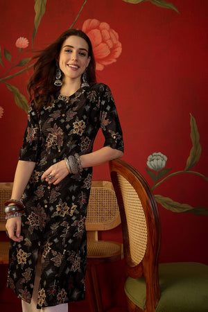 Black Floral Printed Rayon Free Size Stitched Long Kurti (52562)