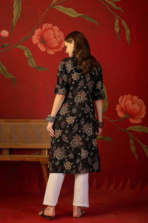 Black Floral Printed Rayon Free Size Stitched Long Kurti (52562)