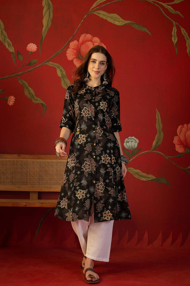 Black Floral Printed Rayon Free Size Stitched Long Kurti (52562)