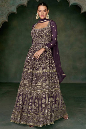 Wine Sequin with Floral Embroidered Georgette Gown