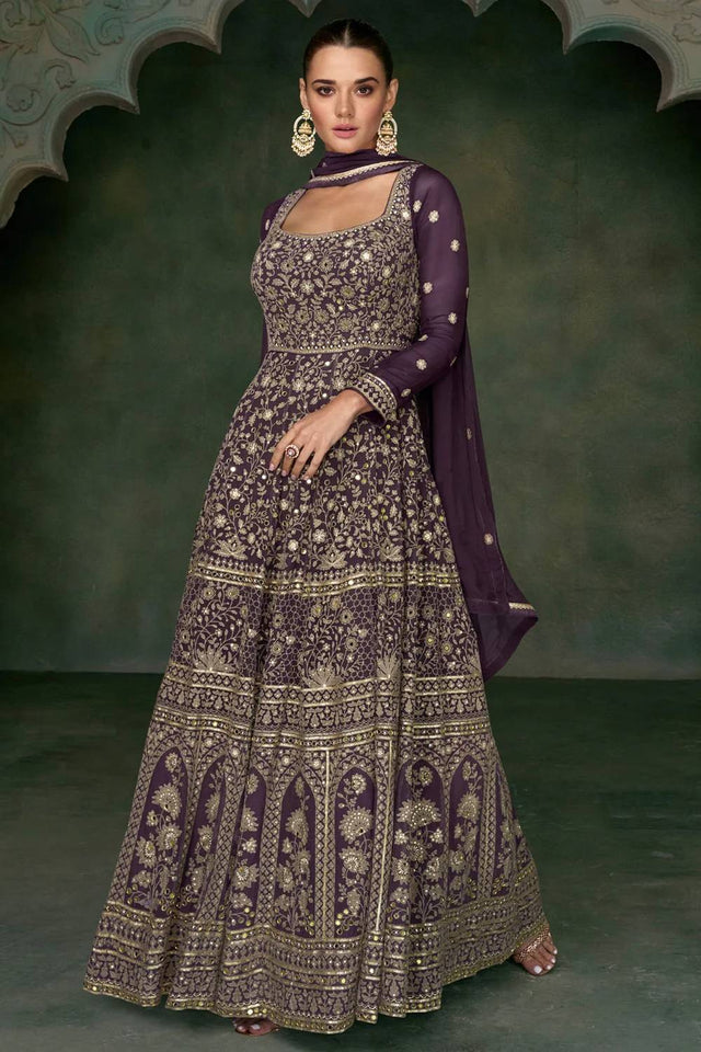 Wine Sequin with Floral Embroidered Georgette Gown