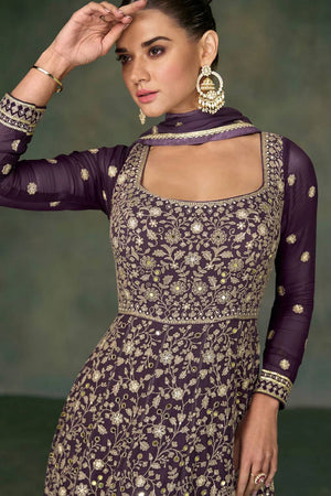 Wine Sequin with Floral Embroidered Georgette Gown