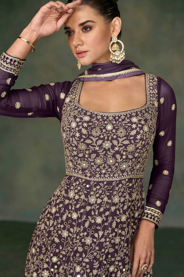 Wine Sequin with Floral Embroidered Georgette Gown