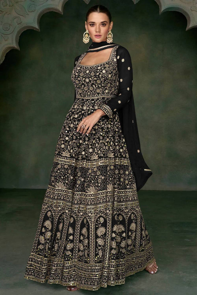 Black Sequin with Floral Embroidered Georgette Gown