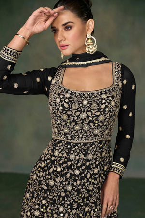 Black Sequin with Floral Embroidered Georgette Gown