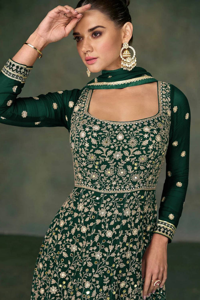 Green Sequin with Floral Embroidered Georgette Gown