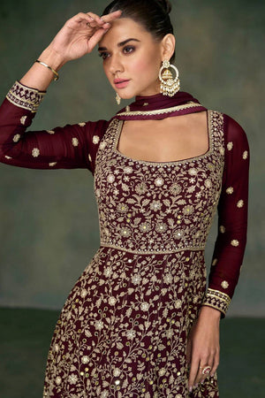 Maroon Sequin with Floral Embroidered Georgette Gown