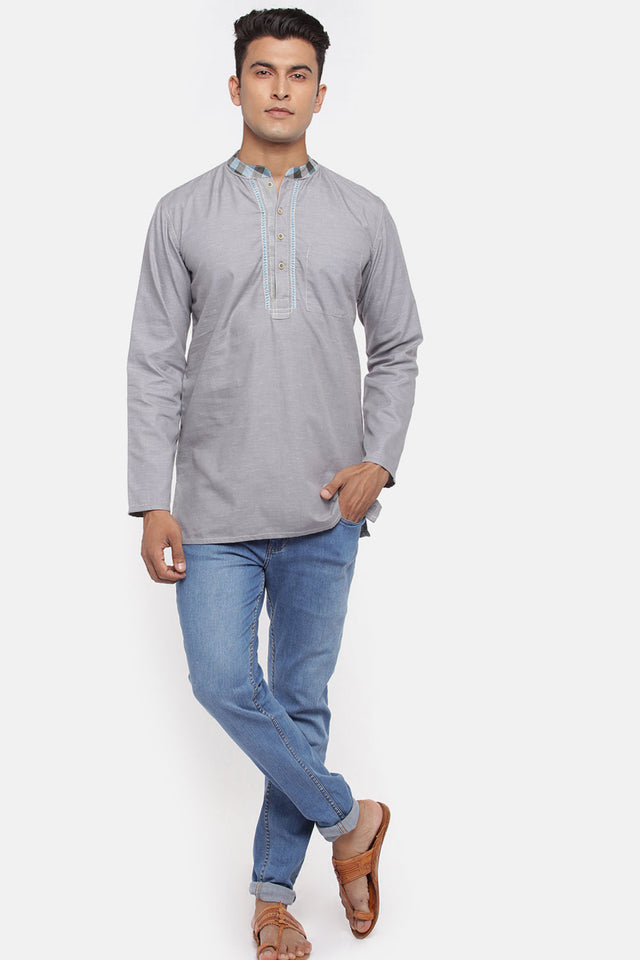 Men's Blended Cotton Short Kurta Top In Ash Grey