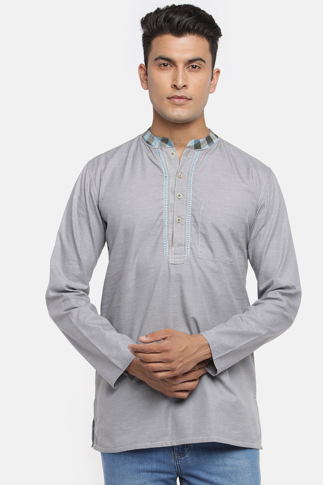 Men's Blended Cotton Short Kurta Top In Ash Grey