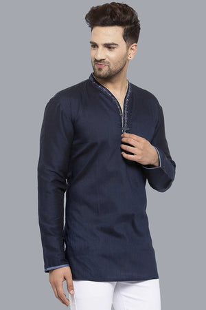 Men's Dark Blue Cotton Silk Embroidered Full Sleeves Short Kurta - 40