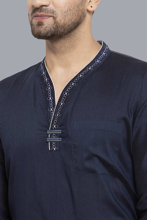 Men's Dark Blue Cotton Silk Embroidered Full Sleeves Short Kurta - 40