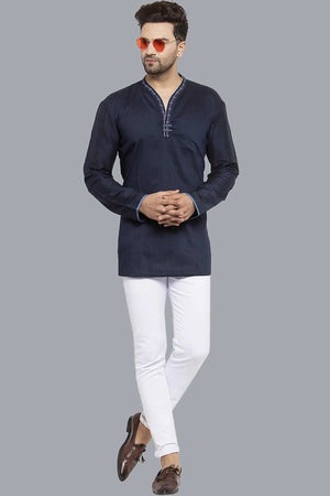 Men's Dark Blue Cotton Silk Embroidered Full Sleeves Short Kurta - 40