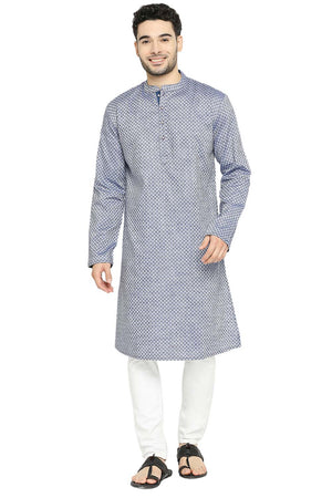 Men's Blue Cotton Mandarin Collar Long Kurta