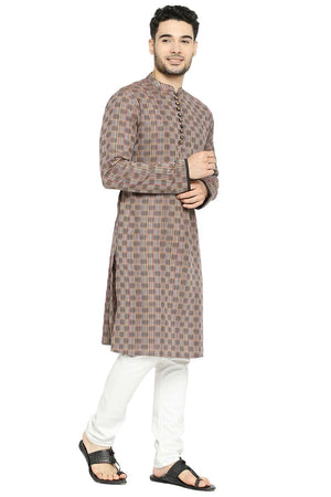 Men's Brown Cotton Mandarin Collar Long Kurta