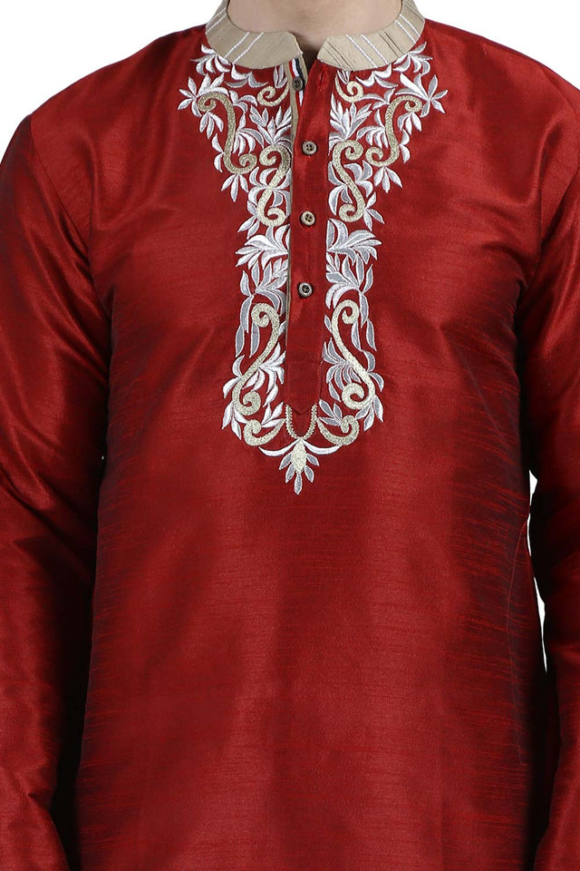 Men's Red Poly Cotton Mandarin Collar Long Kurta