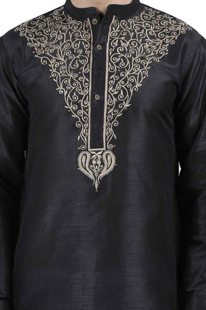 Men's Black Cotton Mandarin Collar Long Kurta