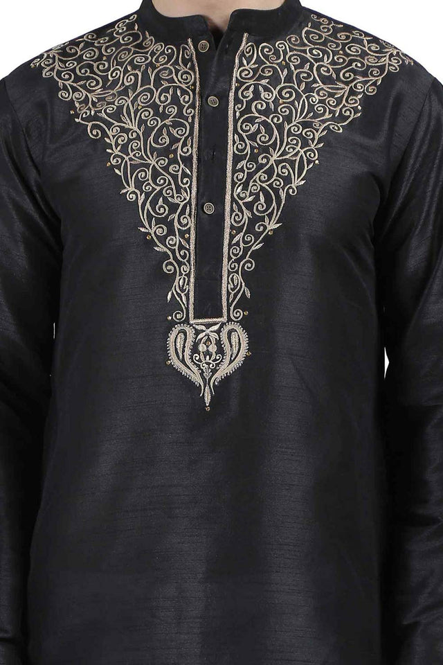 Men's Black Cotton Mandarin Collar Long Kurta