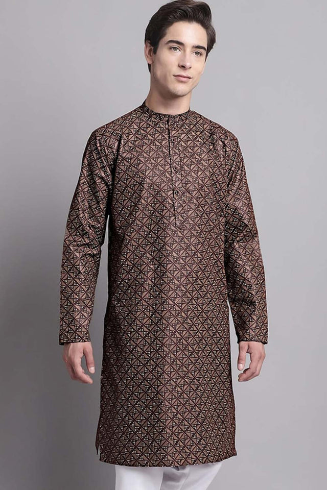 Men's Brown Poly Cotton Mandarin Collar Long Kurta (540615)