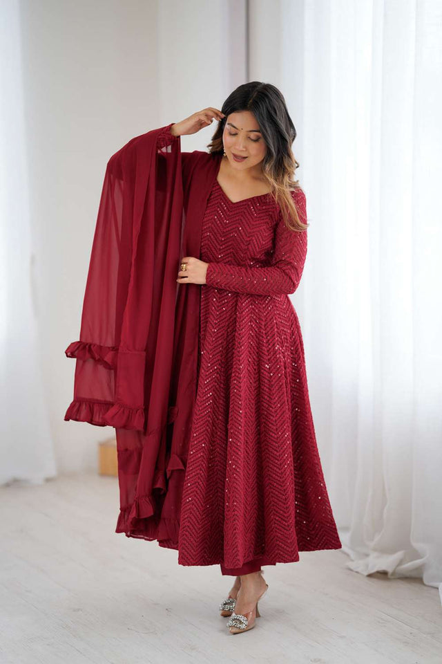 Maroon Sequin Georgette Anarkali Suit Set