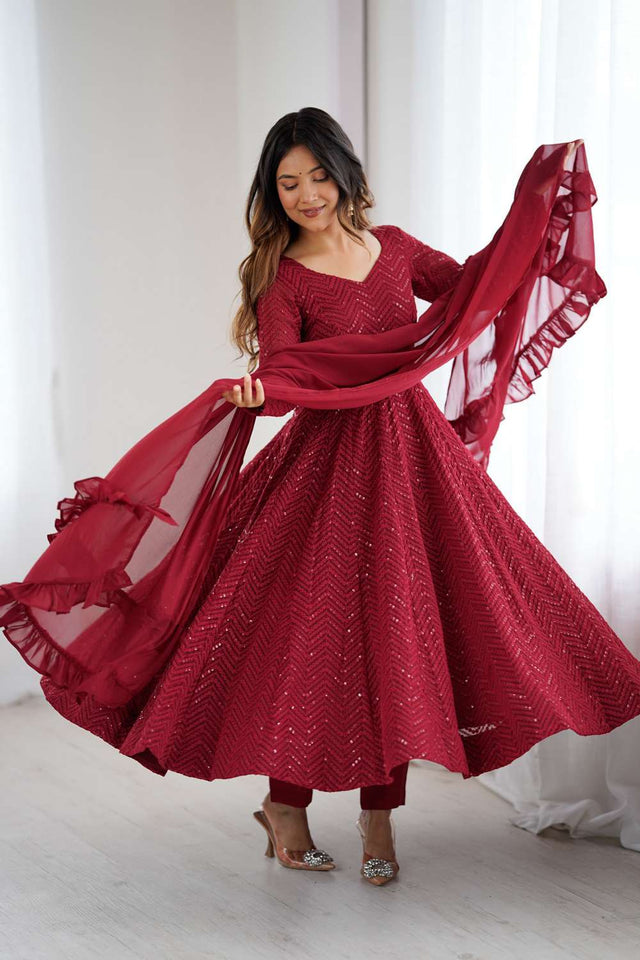 Maroon Sequin Georgette Anarkali Suit Set