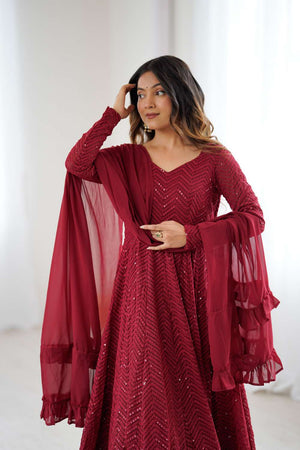 Maroon Sequin Georgette Anarkali Suit Set
