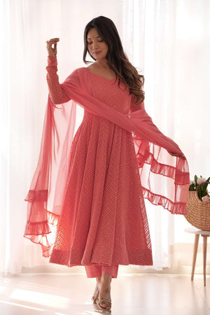 Peach Sequin Georgette Anarkali Suit Set
