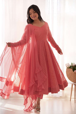Peach Sequin Georgette Anarkali Suit Set