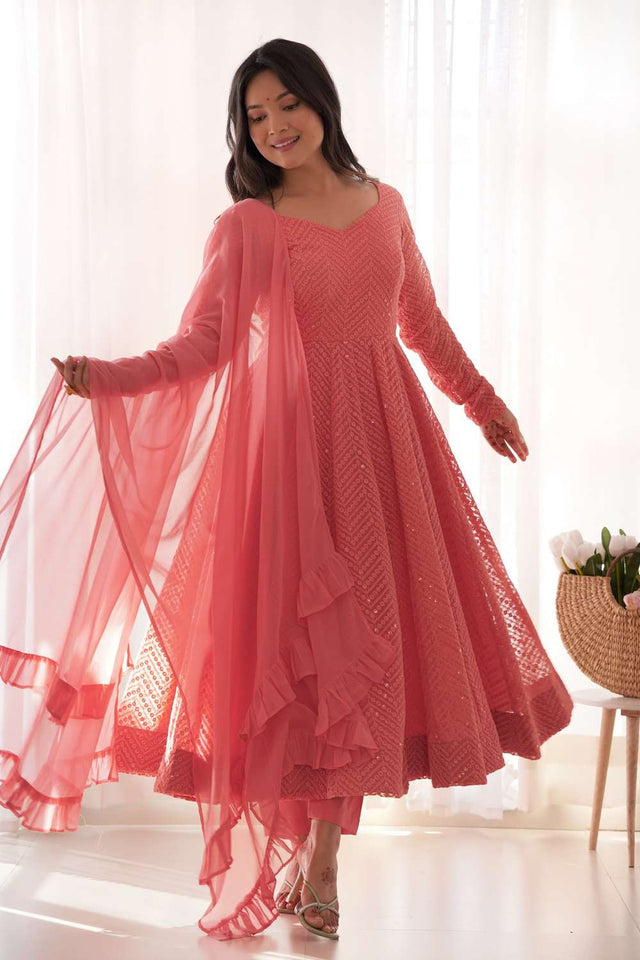 Peach Sequin Georgette Anarkali Suit Set