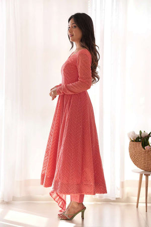 Peach Sequin Georgette Anarkali Suit Set