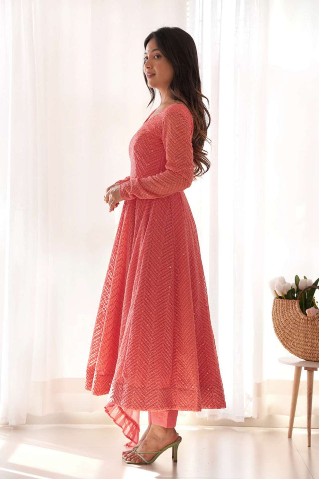 Peach Sequin Georgette Anarkali Suit Set