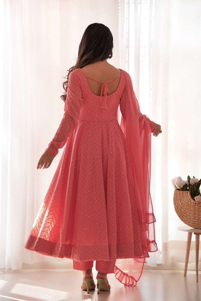 Peach Sequin Georgette Anarkali Suit Set