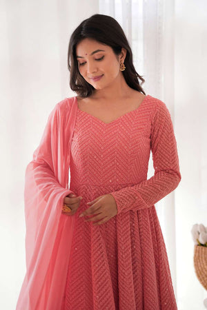 Peach Sequin Georgette Anarkali Suit Set