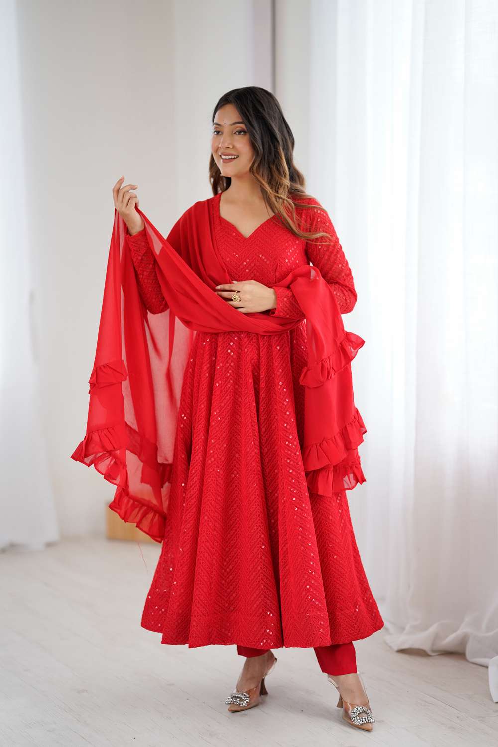 Red Sequin Georgette Anarkali Suit Set (55-Red-AFNKB)