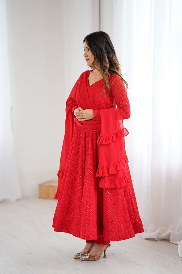 Red Sequin Georgette Anarkali Suit Set