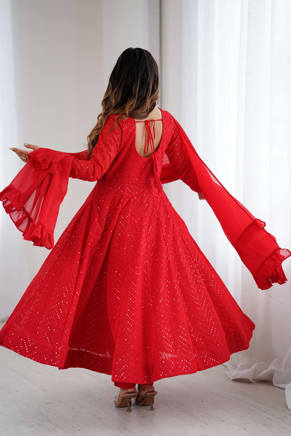 Red Sequin Georgette Anarkali Suit Set (55-Red-AFNKB), 34