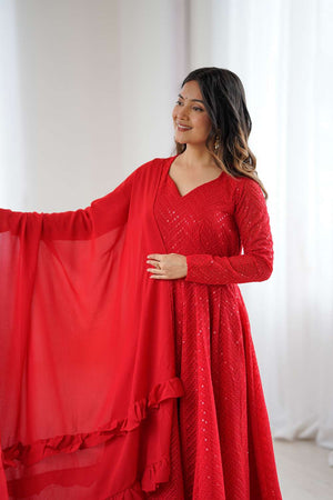 Red Sequin Georgette Anarkali Suit Set