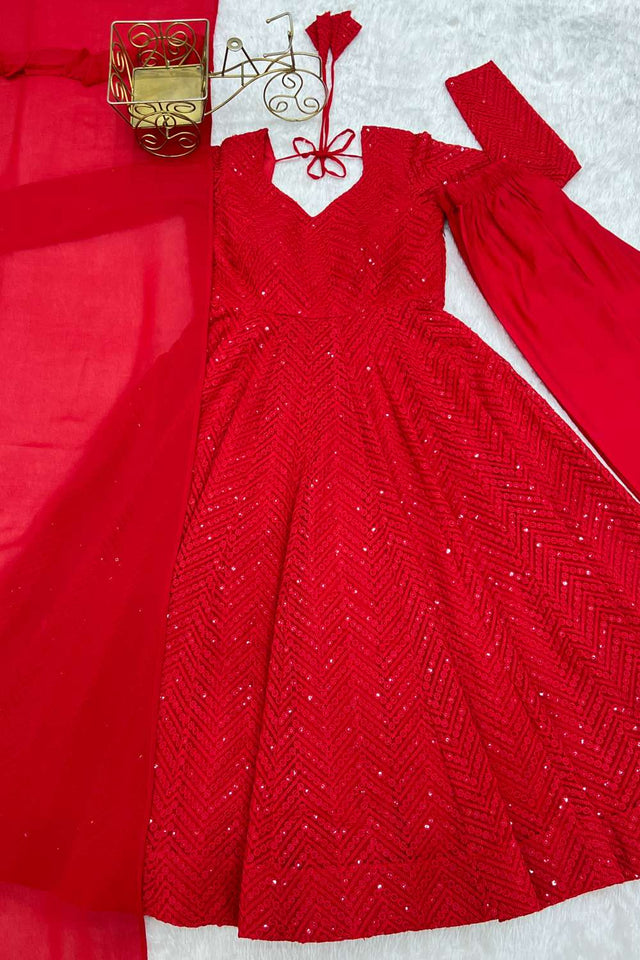 Red Sequin Georgette Anarkali Suit Set