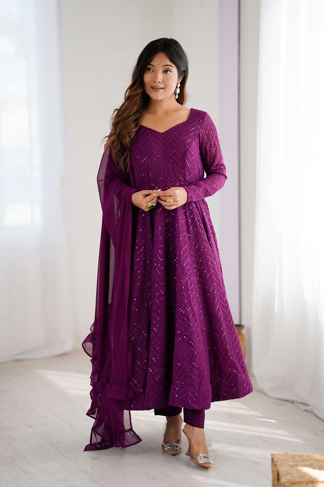 Wine Sequin Georgette Anarkali Suit Set