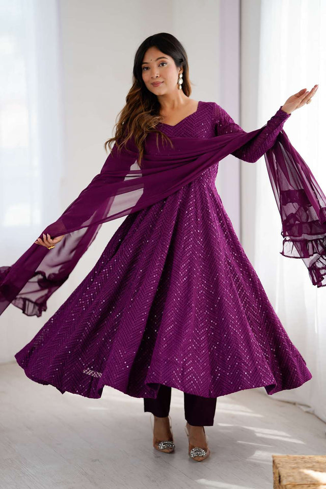 Wine Sequin Georgette Anarkali Suit Set