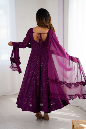 Wine Sequin Georgette Anarkali Suit Set