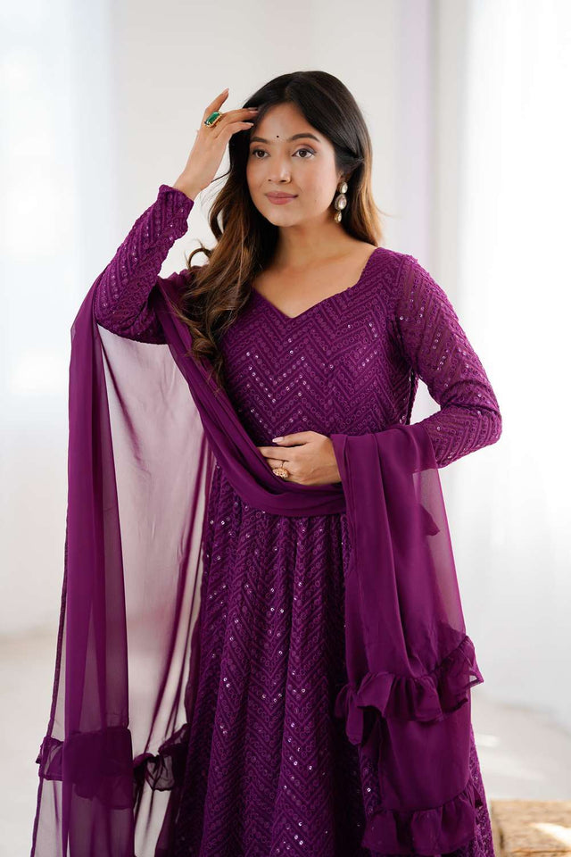 Wine Sequin Georgette Anarkali Suit Set